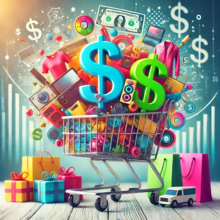 DALL·E 2024-08-11 10.11.57 - A vibrant, inviting image of a shopping cart filled with various items like clothes, electronics, and gifts, with dollar signs subtly incorporated in